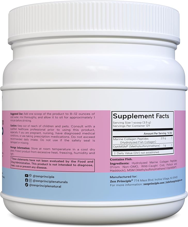 Zen Principle Marine Collagen Peptides Powder with OptiMSM® Supplement. Clinically Tested for Skin Support. Wild-Caught Fish, Non-GMO. Container 16 oz