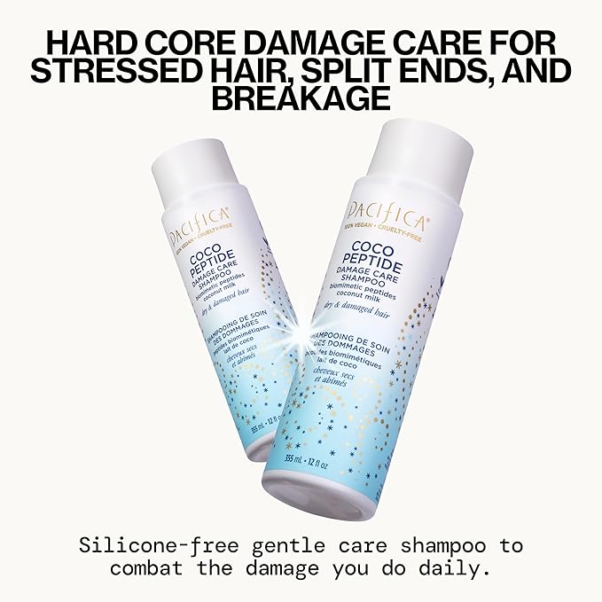 Pacifica Coco Peptide Damage Care Shampoo – Repairing Sulfate-Free Shampoo for Damaged Hair, Split Ends & Breakage, w/Collagen & Peptides Silicone-Free Clean Vegan & Cruelty-Free Dermatologist Tested
