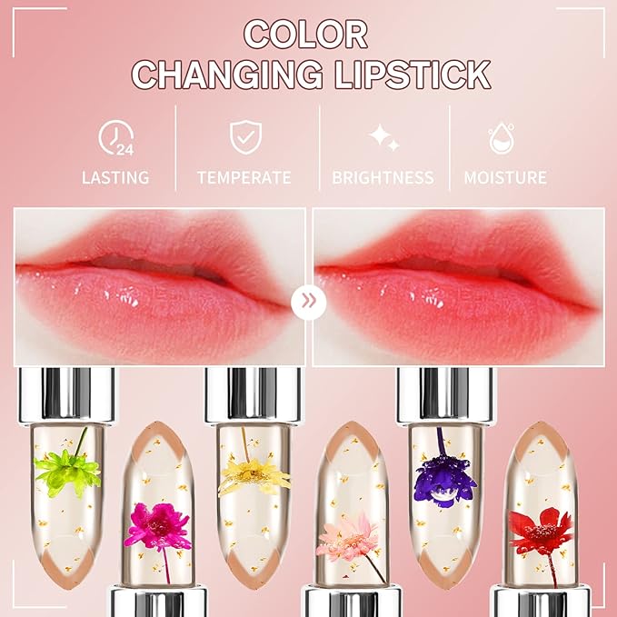 BestLand 3 Pcs/Set Flower Jelly Lipstick Set Temperature Change Moisturizer Long Lasting Nutritious Balm Magic Color Change Lip Gloss (Flower Jelly Lipstick 040506)