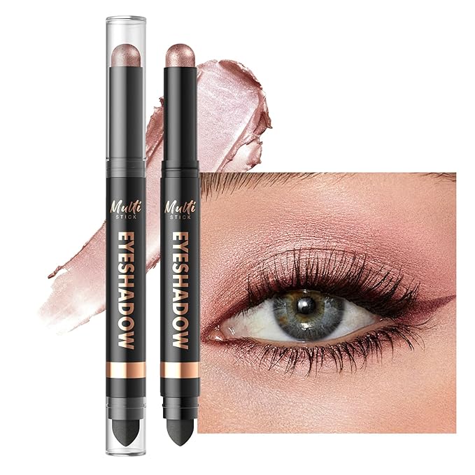 Dual-Ended Cream Eyeshadow Stick, Shimmer Waterproof Long-Lasting Crease-Proof Neutral Eye shadow Pencil for Women, Smooth Blendable Eye Shadow Crayon with Built-in Smudger, 02 Rose Quartz