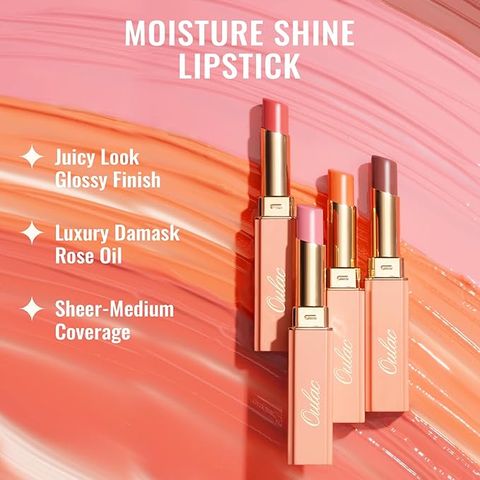 Oulac Glossy Pink Lipstick Set, Moisturizing Lip Stick Glossy Solid Shine Lip Gloss, Sheer Shine Juicy Finish, Lightweight and Hydrating Formula for Dry Lip Care, Vegan G17+18+21