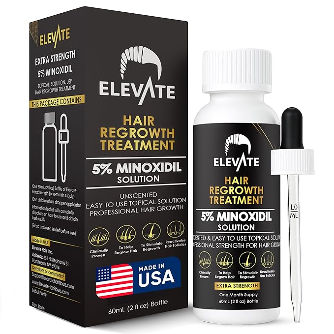 Elevate Hair Regrowth Treatment 5% Minoxidil Solution for Hair Growth - Extra Strength Topical Hair Growth Serum for Thicker, Fuller Hair 2 Fl Oz Made in USA