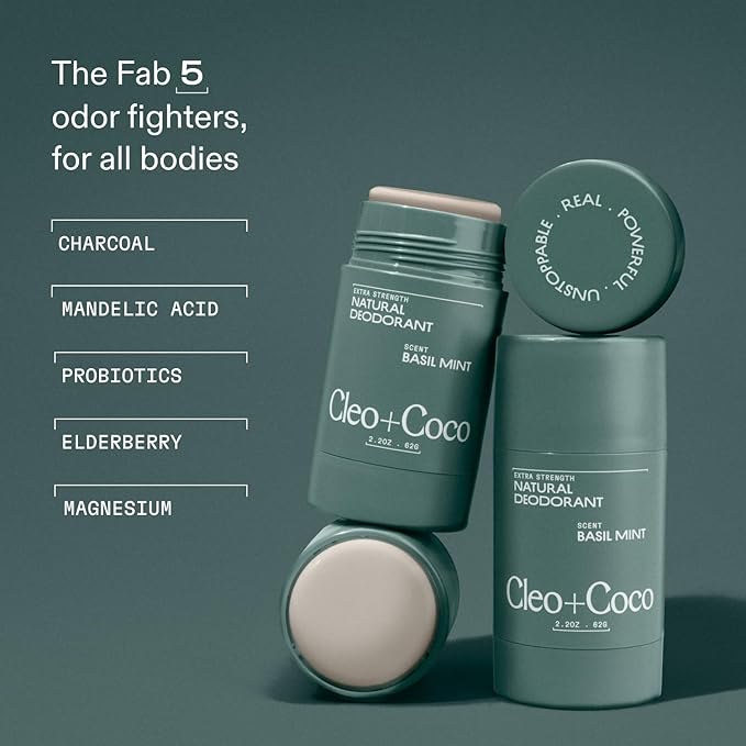 Cleo+Coco Extra Strength Deodorant Balm, Basil Mint (2.2 oz), Natural Aluminum Free Deodorant for Women & Men with 5X Odor Fighters, 24+hour Odor Control, Free from Synthetic Fragrance, Vegan