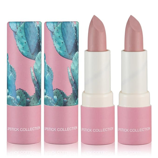 2PCS Matte Nude Lipstick Set Velvet Lip Gloss Nude Lip Stain Paper Tube Lipsticks Non-Stick Cup Waterproof Long Lasting Matte Lipstick for Women Daily Professional Lip Makeup-Light Pink