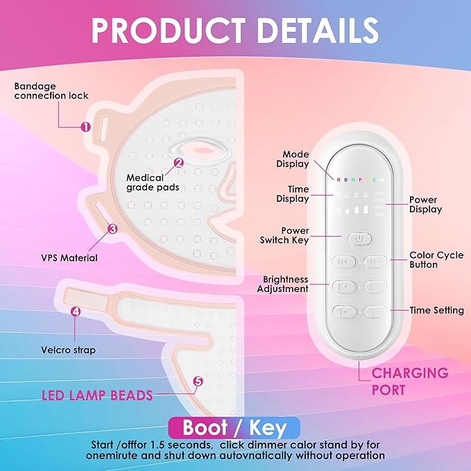 Red Light Therapy for Face and Neck, 7 Colors Led Light Therapy Silicone Facial Mask - Birthday, Christmas, Mothers Day, Valentines Day, Self Care Gifts for Her Women Mom Best Friend Wife (Pink)