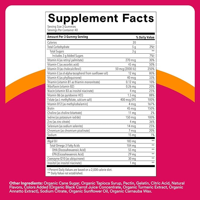 SmartyPants Women's Multivitamin Gummies - Improved Formula: Omega 3 (DHA/EPA), Methylfolate, CoQ10, Vitamin D3, C, Vitamin B12, B6, A, K & Zinc, Inositol, Gluten Free, 120 Count (40 Day Supply)