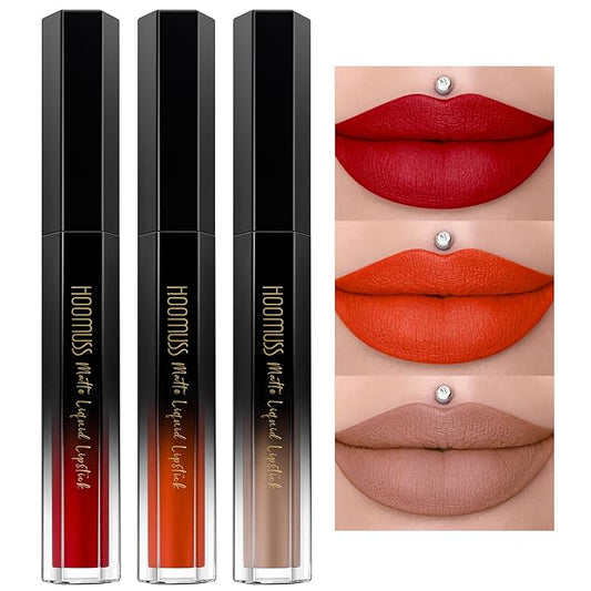 Red Lipstick Set Long Lasting 3Pc Matte Liquid Lipsticks for Women Non Transfer Smudgeproof Red Orange Nude Lipstick Kit Cruelty Free Lip Color, 13/51/61