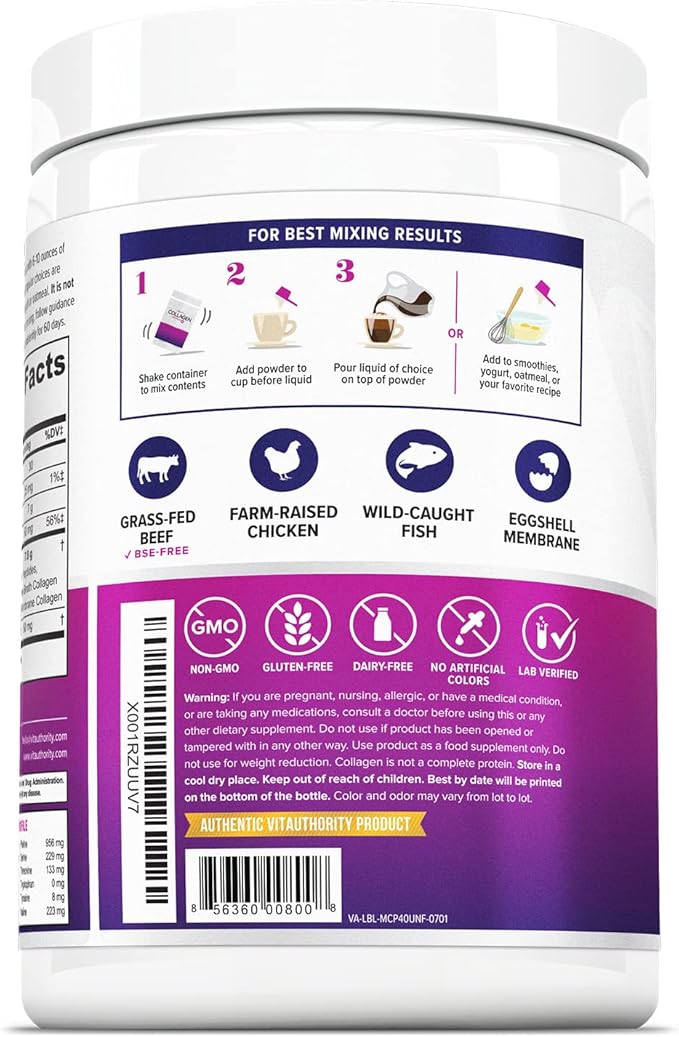 Multi Collagen Peptides Powder for Women - Hydrolyzed Unflavored Collagen Powder for Women with Types I II III V & X Plus Vitamin C & Hyaluronic Acid for Beautiful Hair Skin and Nails - 40 Servings