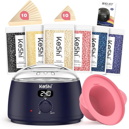 KeShi Waxing Kit for Women and Men, Digital Wax Warmer with 6 Bags Hard Wax Beads, at-Home Hair Removal Wax Kit for Full Body, Face, Eyebrow, Bikini, Legs, Brazilian & Sensitive Skin(Deep Sea)