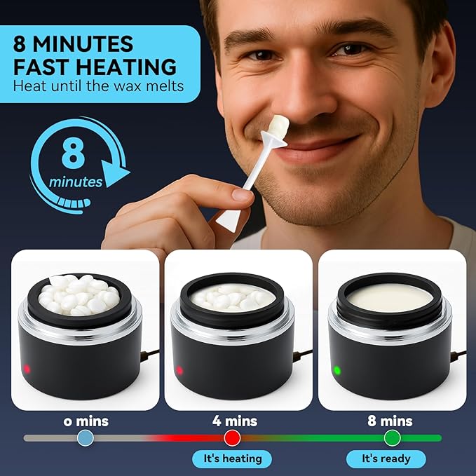 Nose Wax Kit - Portable Ear Nose Hair Waxing Kit for Men and Women with 100g Ｗax, 40 Nose Hair Sticks, 10 Applicators, 10 Mustache & 10 Ear Protectors, Wax Warmer Kit for Hair Removal