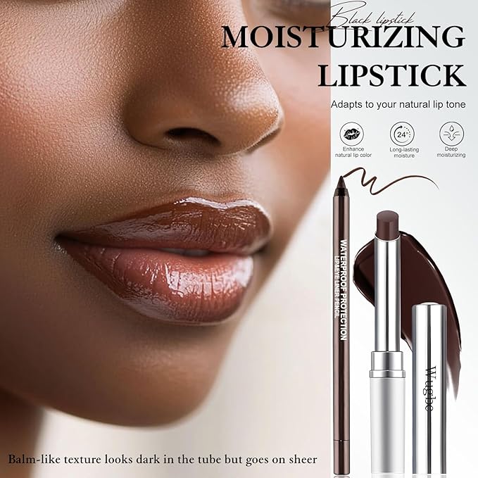 Tinted Lip Balm Brown Lip Liner Set, Hydrating Formula Black Lipstick for Women, Matte Lip Liner and Lipstick Combo Natural Glossy Finish Makeup Lip Care Balm for Repairing Dry Lips