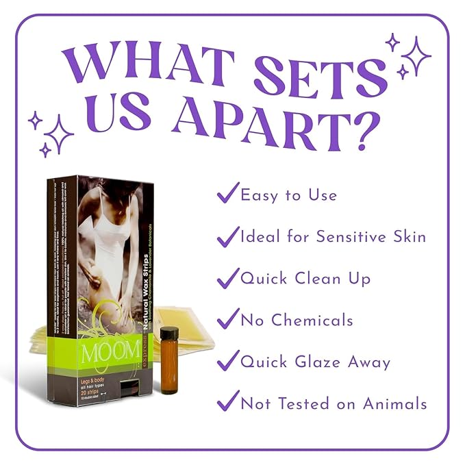 MOOM Express Wax Strips with Chamomile & Lavender, Hair Removal Kit with Finishing Oil – Legs, Bikini, Face & Body, 10 Double-Sided Strips (2 Pack), 40 Count