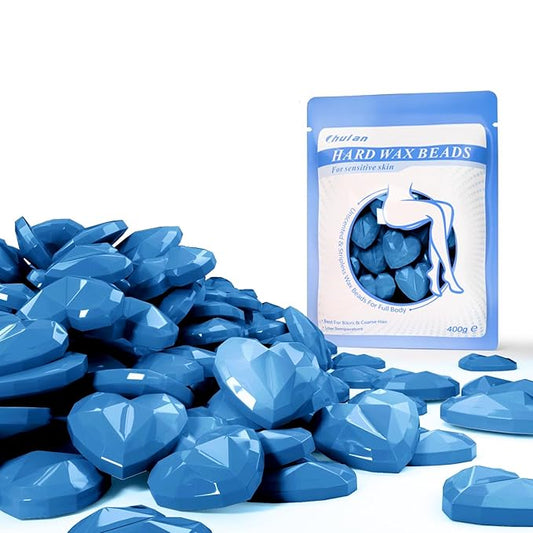 Chulan Heart Hard Wax Beads for Sensitive Skin, 400g Hypoallergenic Unscented Waxing Bead for Coarse Hair Removal, Blue Wax Beans Pearl for Body, Brazilian, Bikini, Legs, Armpits Women Home Salon