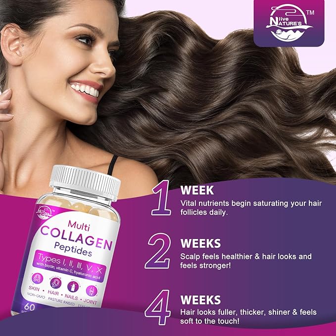 Multi Collagen Peptides Softgel - Type I, II, III, V, X - Hydrolyzed Collagen Peptides with Biotin, Vitamin C, Hyaluronic Acid, Supports Skin Hair Nail, Grass-Fed, Non-GMO, 60 Softgel, 2 Pack