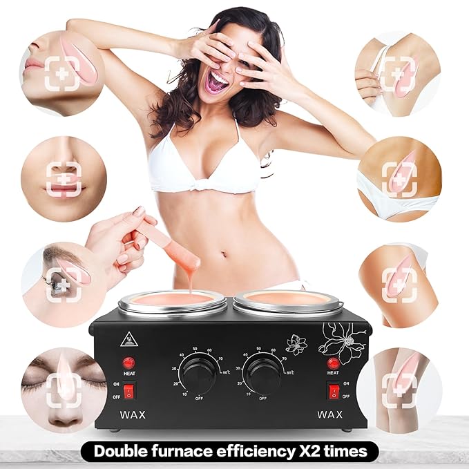 Portable Wax Warmer Machine for Painless Hair Removal, Women Men Professional Wax Heater with Adjustable Temperature Set, 40pcs Sticks, 2 Silicone Bowls (Black - Double Pots)