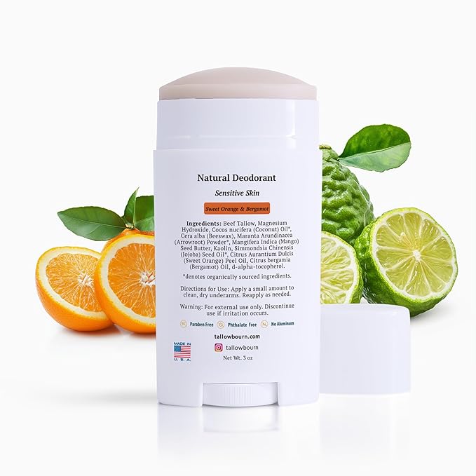 Sensitive Skin Natural Deodorant | Aluminum & Baking Soda Free | Men and Women | Fresh & Clean | All Day Dryness | Reduces Sweat and Odor (Sweet Orange & Bergamot) - 3 oz