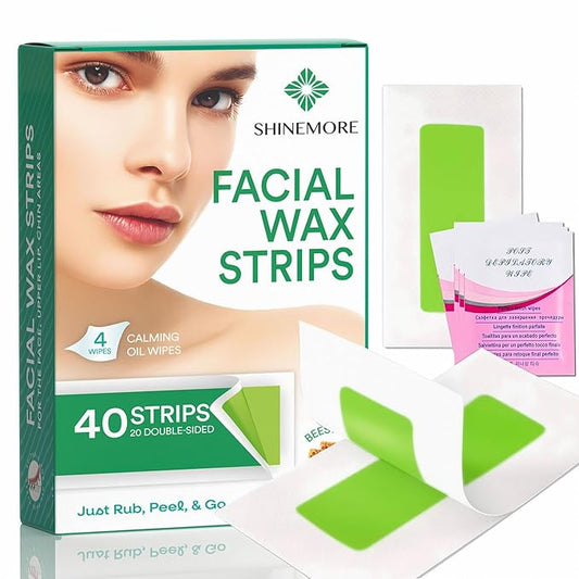 ShineMore Facial Wax Strips for Hair Removal - Hypoallergenic for All Skin Types - Gentle and Fast-Working for Face, Eyebrow, Upper Lip, and Chin (40 Strips + 4 Calming Oil Wipes NATURE Ingredients)