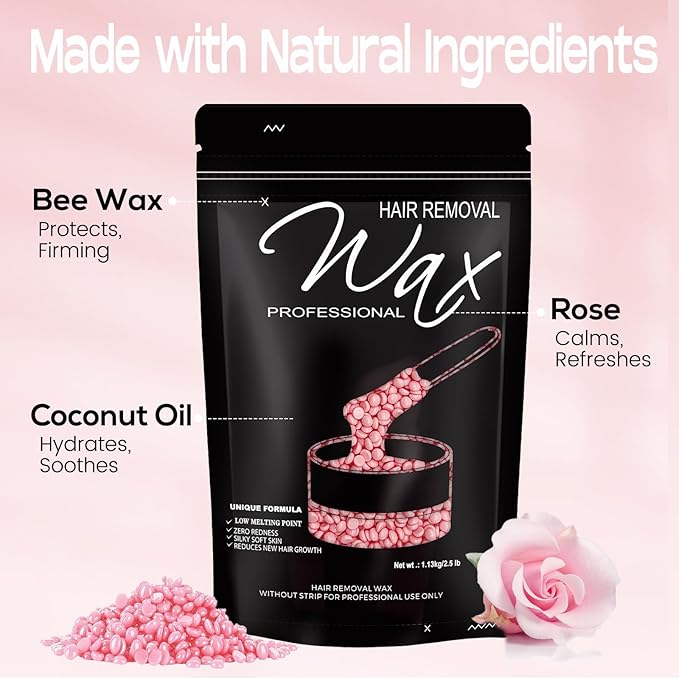 2.5lb Wax Beads, Hard Wax Beads with Coarse Hair Formula -Wax Beads for Hair Removal Sensitive Skin Women, Idea for Full Body, Legs, Face,Bikini and Brazilian (Rose)