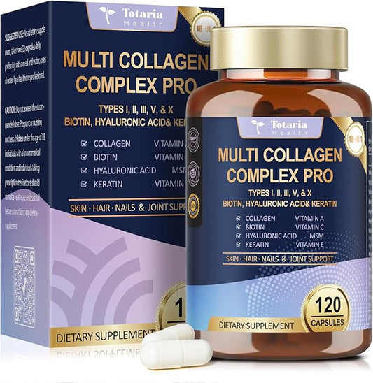 18-in-1 Collagen Pro with Hyaluronic Aicd, Keratin, Biotin, VIT A C & E for Skin, Hair, Nails, Joint & Beauty - Multi Collagen Peptides Capsules with Type I II III V & X for Women & Men - 120 Caps