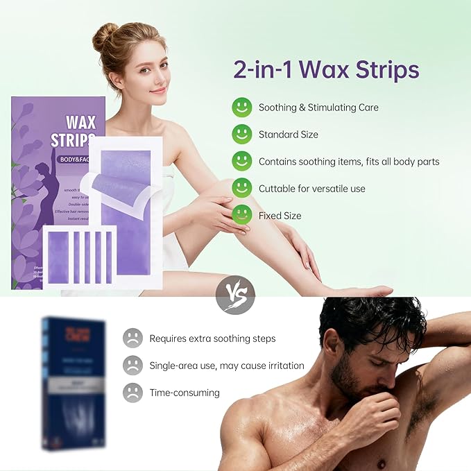 Wax Strips for Hair Removal – 50Count with Soothing Wipes – No Heat Waxing Kit for Women & Men, Face & Body, Bikini, Legs, Underarms – Travel-Friendly & Gentle on Skin