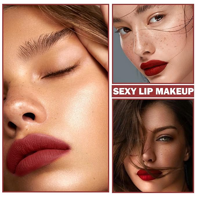 Matte Nude Lipstick Silky Velvet Lip Gloss Nude Lip Stain Paper Tube Lipsticks Non-Stick Cup, Waterproof Long Lasting Matte Lipstick for Women Daily Lip Makeup-08 Dark Red