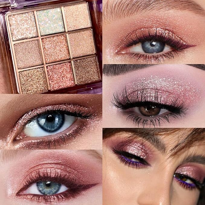 Pink Brown Violet Sparkly Eyeshadow Makeup Palette,Korean Natural Hypoallergenic Glitter Eyeshadow Palette,Highly Pigmented Shimmer Eye Shadow Palette Long Lasting Waterproof Blendable (13#)