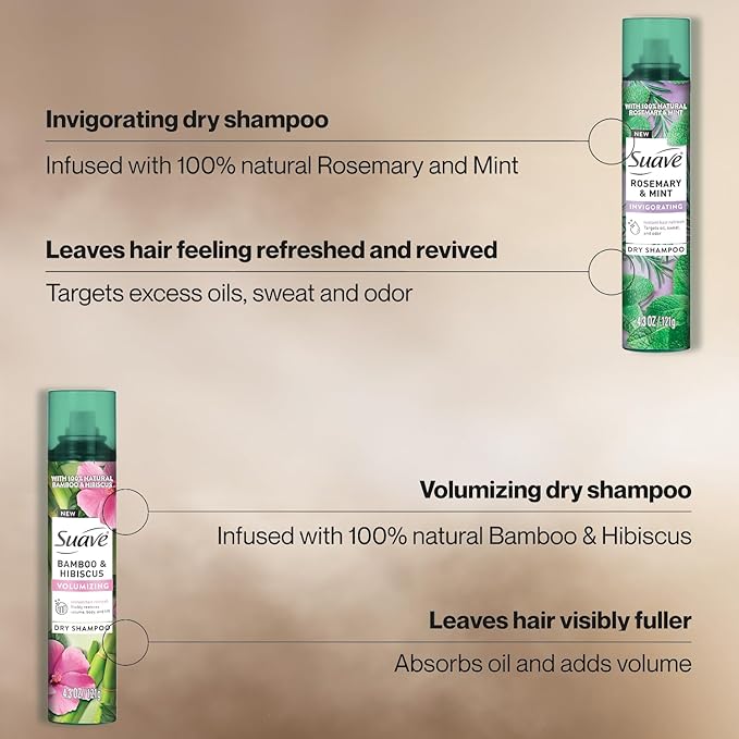 Suave Dry Shampoo Spray Variety 2-Pack – Invigorating Rosemary & Mint + Volumizing Bamboo & Hibiscus, 4.3 Oz Ea
