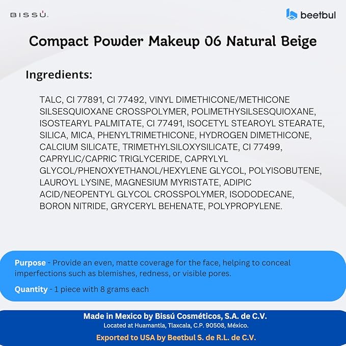 Beetbul Makeup & Exfoliation Kit - Bissú Compact Powder + 1 Medium Velvet Puff + 2 Finger Puffs + 1 Facial Exfoliating Sponge (06 Natural Beige, One Size)