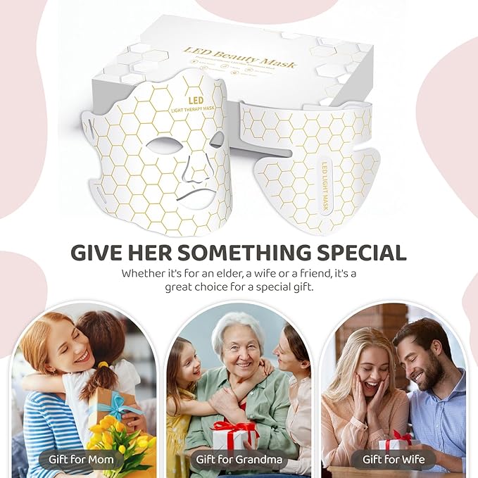 Yahi Red Light Photon Facial & Neck Mask with Remote Control, 7 Custom Modes with Infrared, Portable & Rechargeable with Timer for Home Use, 175 High-Density Light Beads, White