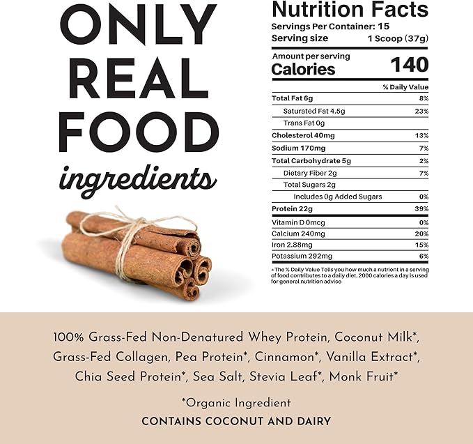 Just Ingredients Protein Powder | Snickerdoodle Protein Powder Made With 100% Grass Fed, Non Denatured Whey | Four Different Protein Sources | Organic Whole Food Ingredients | 15 Serving | 22g protein