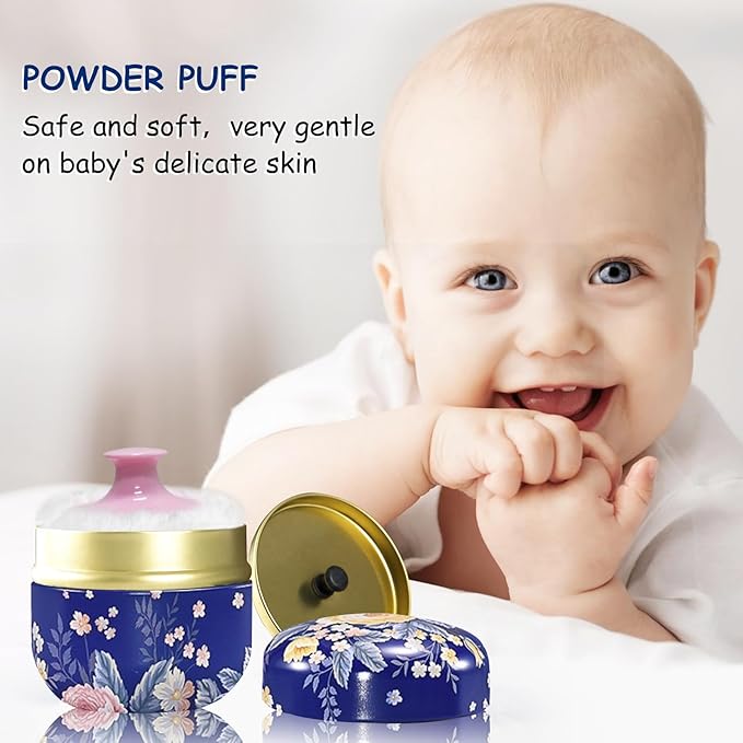 Body Powder Puff and Container for Dusting Powder, Women Powder Puff and Powder Case for Bath and Travel (Dark Blue)
