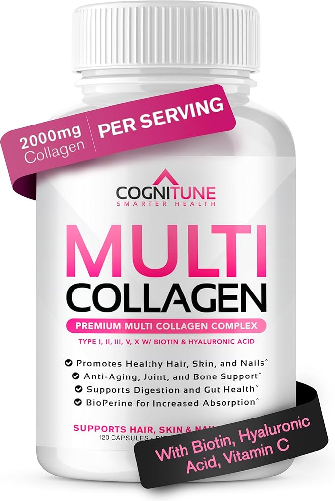Multi Collagen for Women with Hyaluronic Acid, Vitamin C and Biotin, Collagen Protein Supplement with Types I, II, III, V, X Peptides for Healthy Hair, Skin, Nails and Joints, 120 Capsules