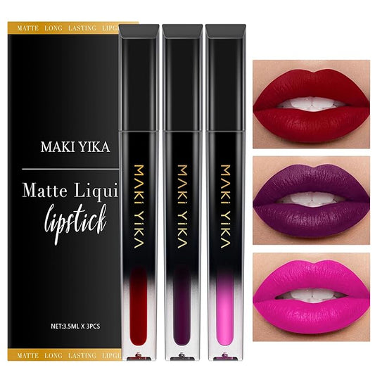 MAKI YIKA 3Pcs Matte Liquid Lipstick Makeup Set Red Purple Pink Lipstick Long Lasting Smudge Proof Non Transfer Lip Makeup, Purple/Pink/DeepRed