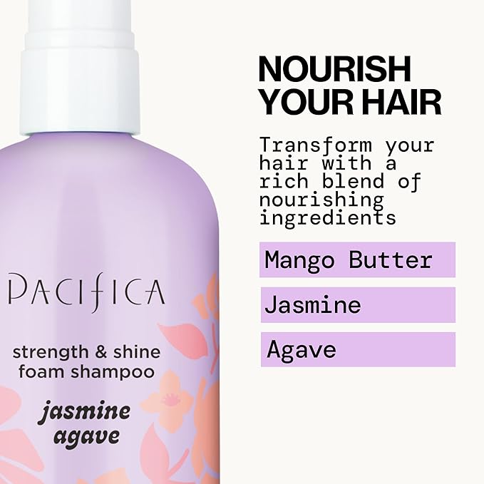 Pacifica Jasmine Agave Strength & Shine Foaming Shampoo – Repairing Foam Shampoo for Dry, Damaged or Bleached Hair, Deep Clean & Glossy Finish, Clean Beauty Vegan & Cruelty-Free Dermatologist Tested