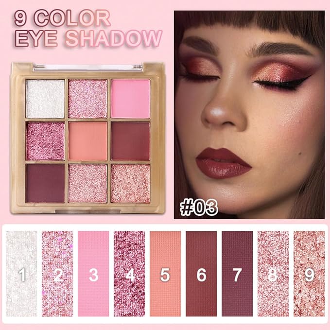 9 Colors Pink Eye Shadow Palettes,Nude Rose Gold Champagne Plum Eyeshadow Palette for Older Women,Natural Powde Eye Shadows Waterproof Long Lasting Naturing-Looking,Travel Size Makeup Pallete