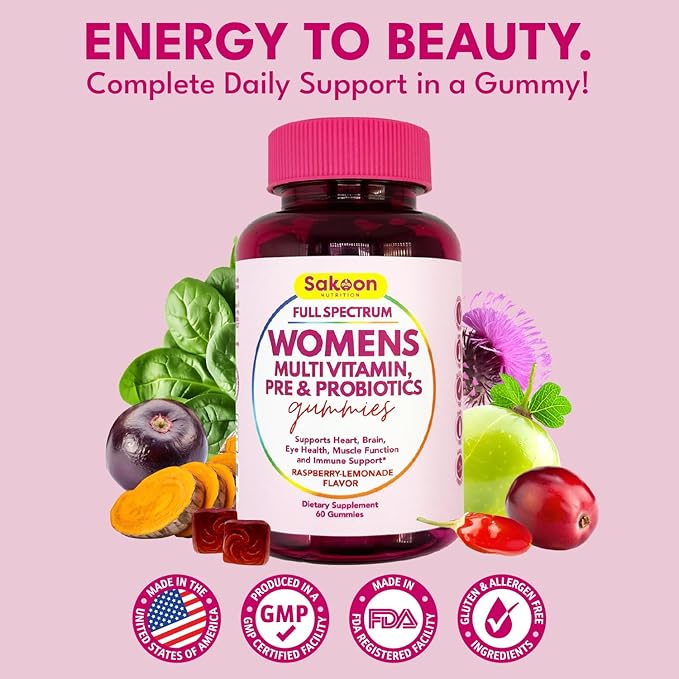 Sakoon nutrition Halal Women's Full Spectrum Multivitamin Gummies with Probiotics & Prebiotics – Complete Daily Wellness Support, Immune & Digestive Health – Vegan, Non-GMO, Delicious Fruit Flavor!