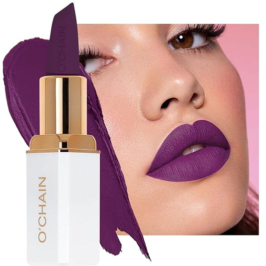 O'CHAIN Dark Purple Matte Lipstick, Long Lasting Full Coverage Non-Transfer Lipstick for Women Infused with Jojoba Oil and Vitamin E, Cruelty-Free & Vegan (14 ARIA) 0.12 Oz