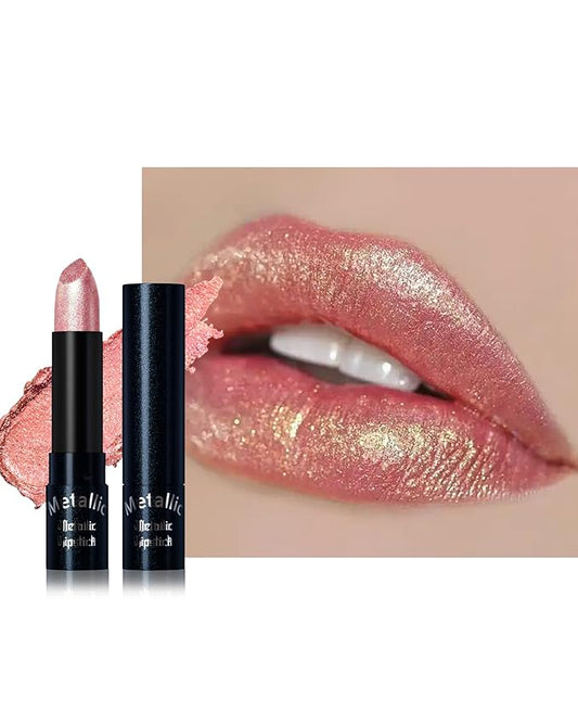 Glitter Metallic Shimmer Lipstick, Coral Pink Lipstick Long Lasting, Diamond High Pigmented Shiny Metallic Lip Stick, Non-sticky Sparkly Lipsticks for Women Christmas Makeup-02 Coral Pink