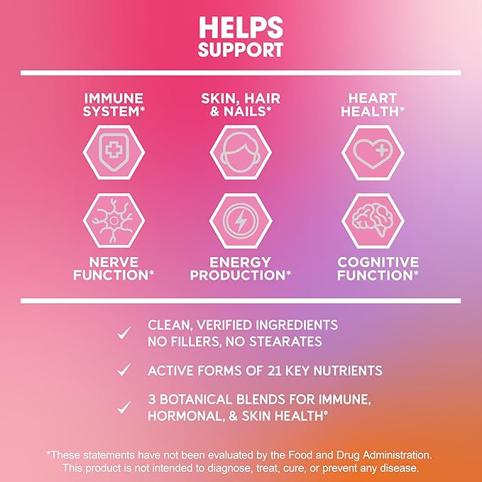 BioEmblem Women's Multivitamin - Complete Daily Multi for Immunity, Energy, Hair, Skin with Vitamin A, B12, B6, D3, Biotin, Iron, Magnesium, Collagen and Veggie Blends - Gluten Free - 90 Capsules