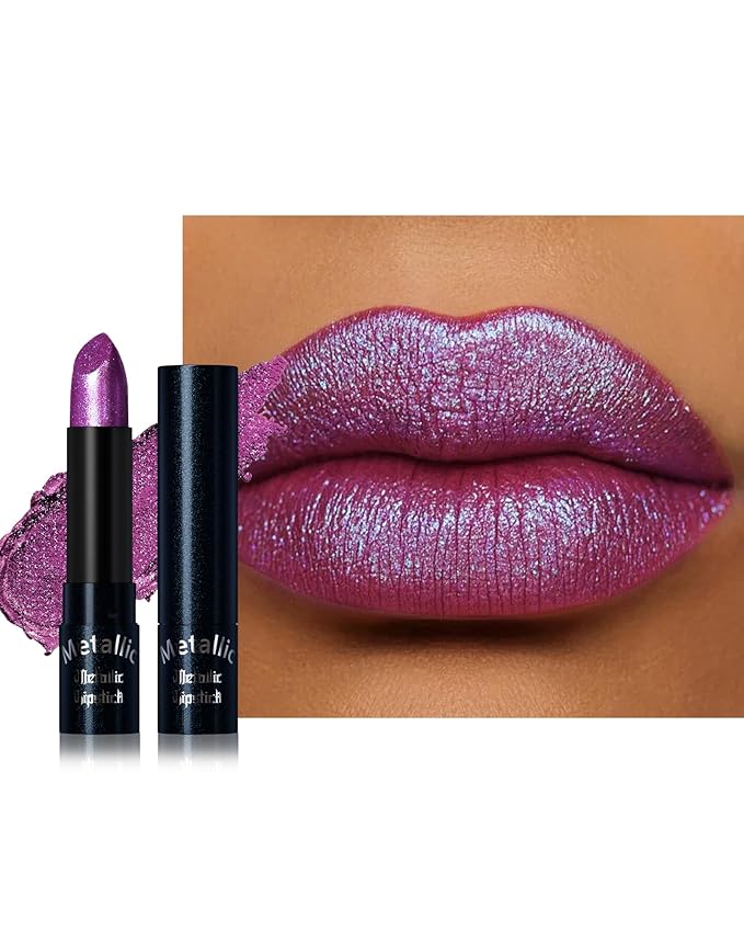 Glitter Metallic Shimmer Lipstick, Purple Lipstick Long Lasting, Diamond High Pigmented Shiny Metallic Lip Stick, Non-sticky Sparkly Lipsticks for Women Christmas Makeup-12 Purple