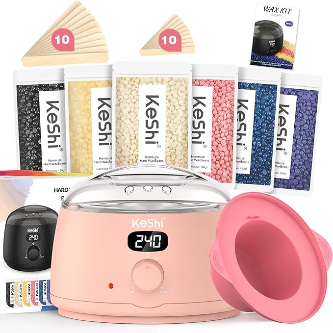 KeShi Waxing Kit for Women and Men, Digital Wax Warmer with 6 Bags Hard Wax Beads, at-Home Hair Removal Wax Kit for Full Body, Face, Eyebrow, Bikini, Legs, Brazilian & Sensitive Skin(Blush Dream)