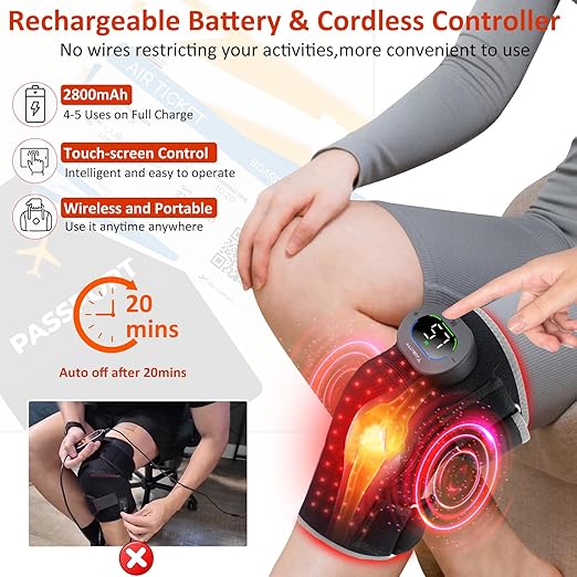Red Light Therapy Knee Brace with Massager - Cordless 850nm Infrared Knee Therapy Devices with Timer for Pain Relief Relaxation, Vibration Heated Wrap, Gifts for Mom&Dad