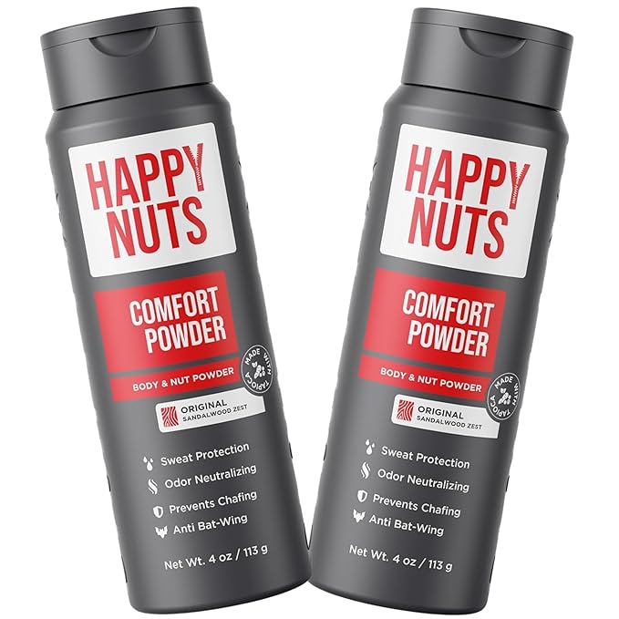 HAPPY NUTS Comfort Powder - Anti Chafing & Deodorant, Aluminum-Free, Sweat and Odor Control for Jock Itch, Groin and Men's Private Parts 4 Oz (Pack of 2), Original