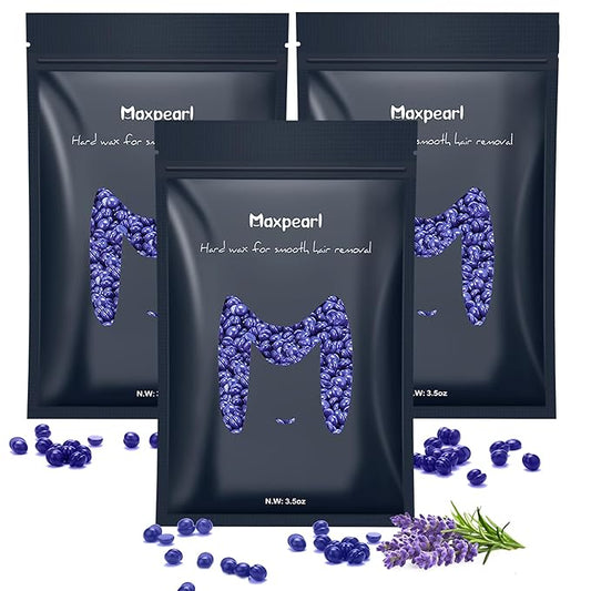 Maxpearl Hard Wax Beads, Pack of 3 Hair Removal Wax Beans Refill - Brazilian, Bikini Waxing, Face, Eyebrows, Underarms, Arms, Chest, Back, Legs - Lavender Formula, 300g