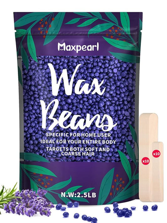 Maxpearl 2.5LB Hard Wax Beads for Hair Removal, Natural Lavender Formula - Brazilian Waxing, Sensitive Skin, Face, Underarms, Legs, Back, Chest and More, with 20 Wax Sticks, Purple