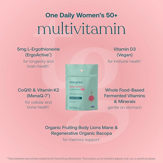 True Grace Daily Women’s Multivitamin 50+ - 120 Easy-to-Swallow Tablets - Immune, Energy, Longevity & Memory Support - Vegan - Gluten, Soy & Iron Free - 60 Servings