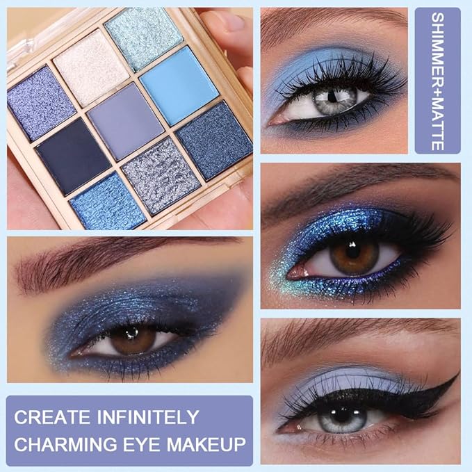9 Colors Blue Eye Shadow Palettes,Dark Light Royal Cobalt Baby Sky Navy Blue Eyeshadow Palette for Older Women,Natural Powde Travel Size Eye Shadows Waterproof Long Lasting Naturing-Looking