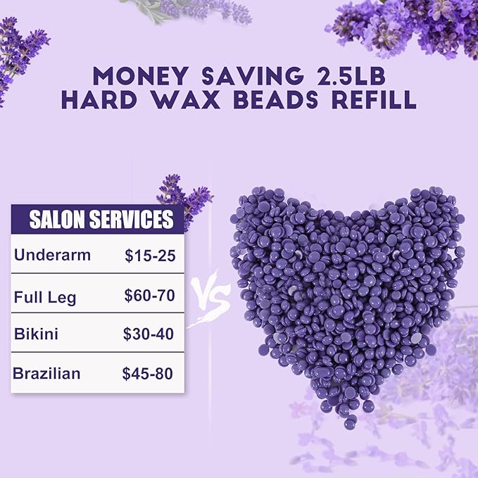 5 lb Refill Bulk Hard Wax Beads for Hair Removal and Brazilian Full-Body Waxing, Gentle on Bikini Sensitive Skin Face Leg Underarm Back Chest Fine and Coarse hair, Commercial Salon and Home, Purple