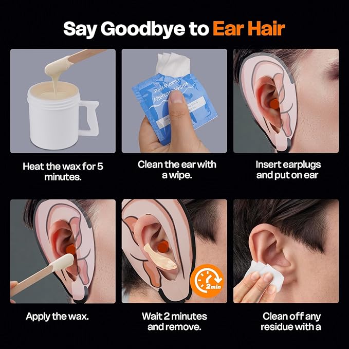 Ear Hair Removal Kit for Nose and Eyebrow | 100 g Wax, 30 Sticks | Nose Wax Kit for Men and Women | Includes Balm Wipes,Earplugs, Ear Protectors | Lasts up to 5 Weeks | No Microwave Needed