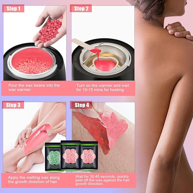 Wax Beads for Hair Removal 10.5oz (300g), Auperwel Hard Wax Beads Beans for Sensitive Skin Brazilian Waxing, Face, Bikini, Eyebrow, Legs, Painless for Women Men, 3 packs Kit with 10 Sticks